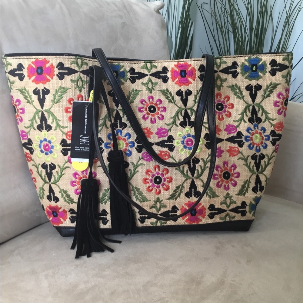 INC Black Bag Embroidered Colorful Flowers
